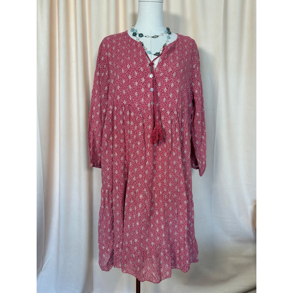 Scandal Italy Montana Dress Women XL Pink Cotton Gauze Tiered Boho Good Tassel